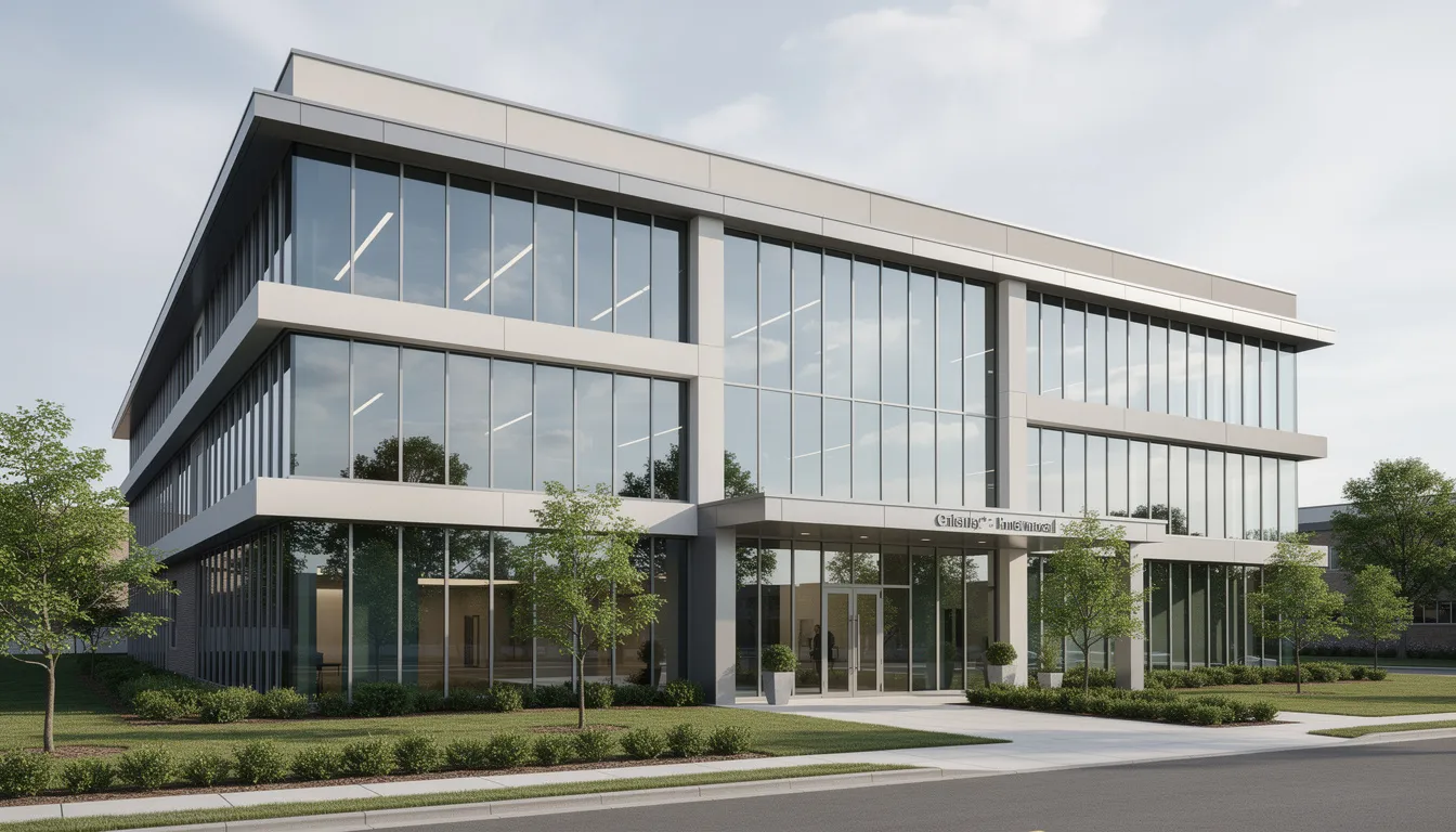 The image depicts a professional building exterior featuring large windows, indicative of an institutional facility that specializes in water treatment systems and filtration solutions. This establishment likely offers services such as water testing, reverse osmosis systems, and radon mitigation to ensure high water quality for residential and commercial clients.