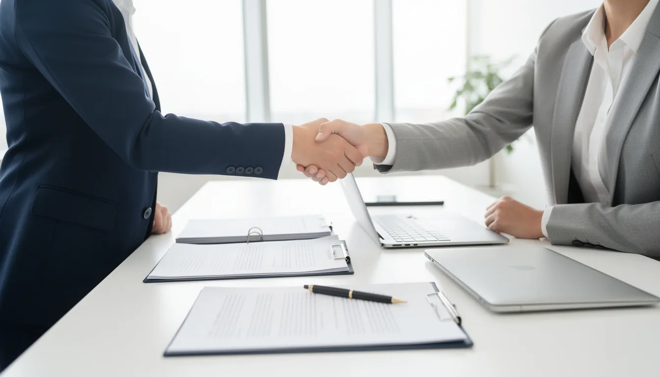 Na zdjęciu dwóch ludzi uścisnęło sobie dłonie w jasnym biurze, na stole leżą dokumenty, co sugeruje profesjonalne usługi agencji nieruchomości. Taka współpraca może dotyczyć sprzedaży lub wynajmu nieruchomości w dzielnicy Żoliborz w Warszawie.