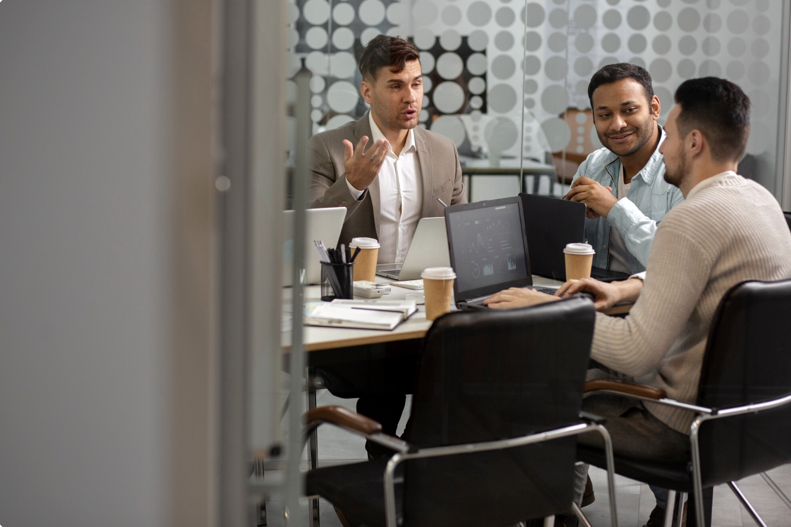 Employees having a work meeting