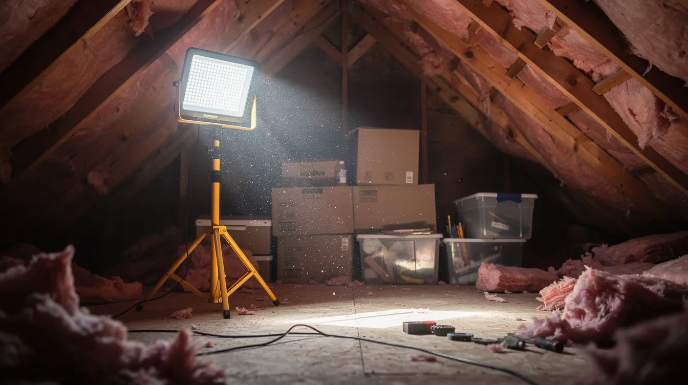 A bright LED work light illuminates a dusty residential attic space, revealing cobwebs and scattered debris, which may serve as a potential nesting area for wildlife such as squirrels. This environment could attract mother squirrels seeking shelter for their young, highlighting the importance of pest control and wildlife removal to prevent a squirrel infestation.