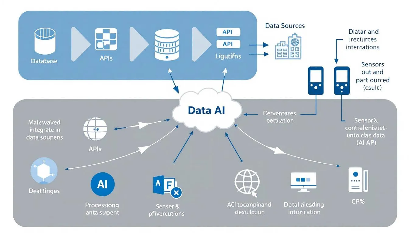 The image illustrates the importance of data sources for AI agents, highlighting how they provide essential information for decision-making and actions within existing business processes. It emphasizes the integration of AI tools into systems to enhance efficiency and support autonomous AI agents in complex workflows.