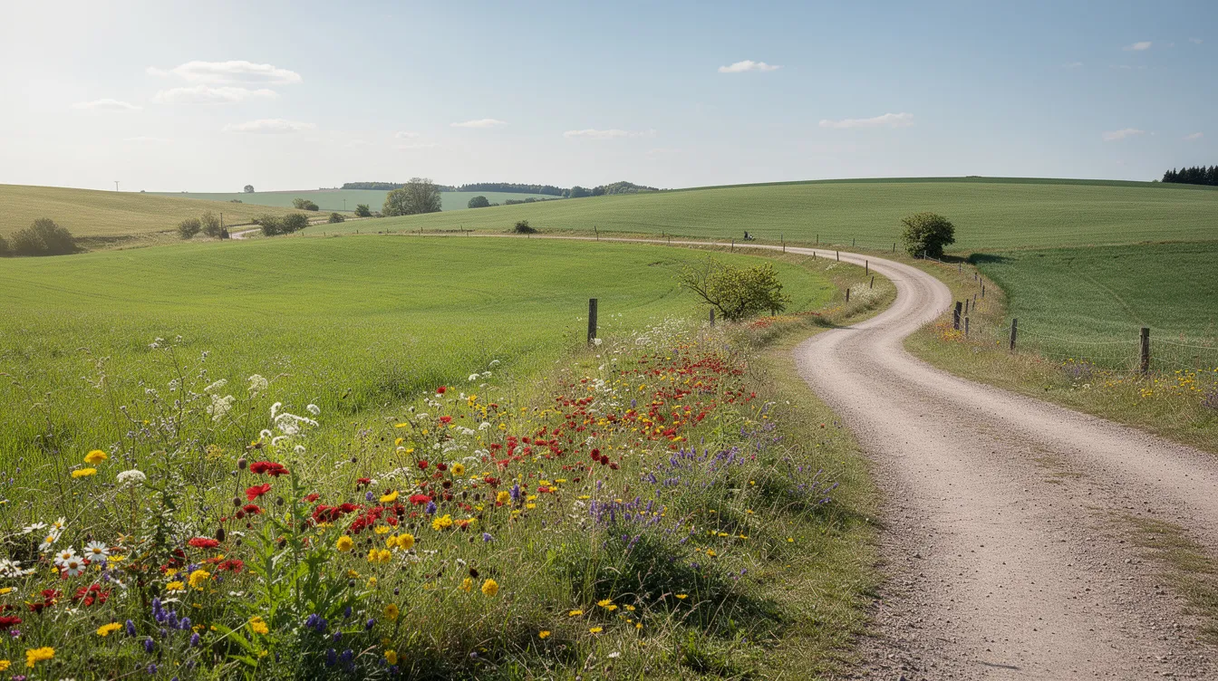 Uma paisagem campestre exuberante apresenta campos verdes salpicados de flores silvestres, enquanto uma estrada rural sinuosa se estende sob um céu azul claro. Essa cena tranquila evoca a beleza natural da Polônia, longe dos tumultos da história, como a Segunda Guerra Mundial e os eventos que marcaram cidades como Varsóvia.