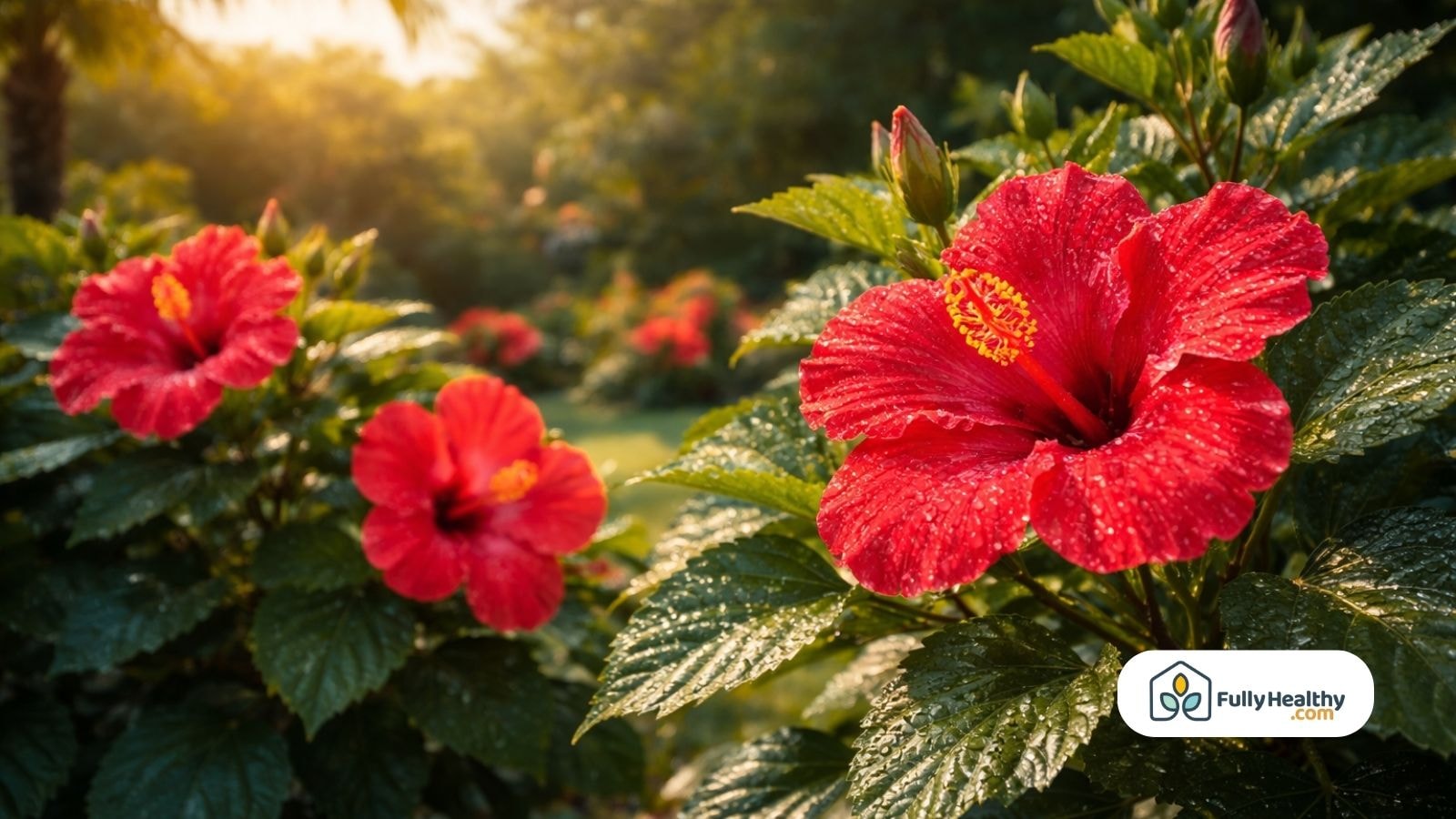 Dew-covered red hibiscus flowers glowing in golden morning light
