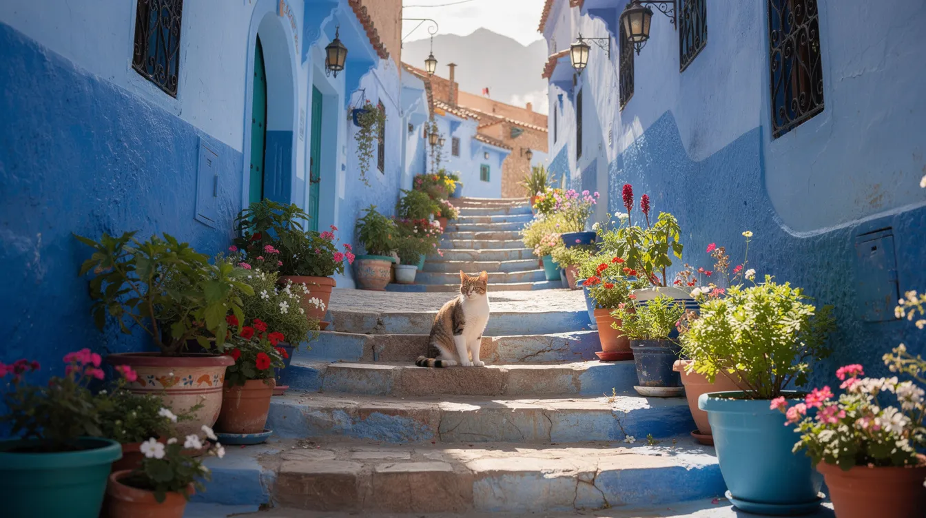 The image features vibrant blue-painted alleyways in a Moroccan mountain town, adorned with potted plants and a relaxed cat sitting on stone steps, capturing the essence of traditional Moroccan culture. This picturesque scene reflects the charm of the blue city and invites visitors to explore the narrow streets of this stunning destination in the Atlas Mountains.