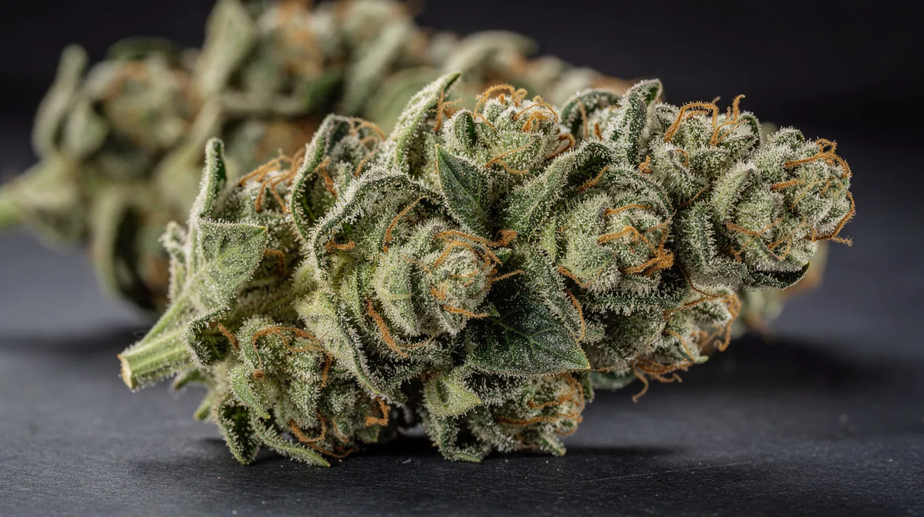 A close-up view of dense cannabis buds, covered in sparkling trichomes and featuring vibrant orange pistils, rests on a dark surface, showcasing the rich texture and sugary sweetness typical of the Kandy Kush strain. This indica dominant hybrid is known for its balanced effects, delivering a powerful body buzz and mood elevation.