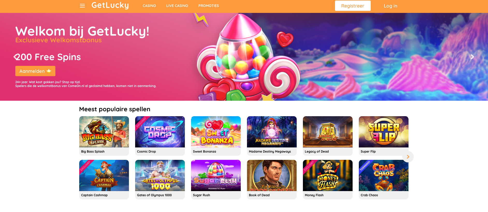 Homepage van GetLucky online casino met welkomstbonus van 200 free spins, opvallende roze banner en aanmeldknop, gevolgd door een overzicht van meest populaire casinospellen zoals Big Bass Splash, Sweet Bonanza, Book of Dead en Gates of Olympus 1000.