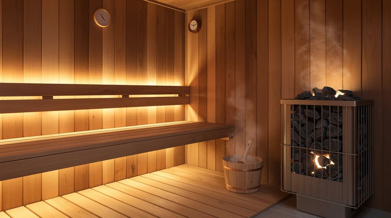 The image features a traditional wooden sauna equipped with an electric heater and hot stones, showcasing the warm, inviting interior designed for relaxation. This setup highlights the essential sauna electrical components, emphasizing the importance of proper installation and adherence to local electrical codes for safe operation.