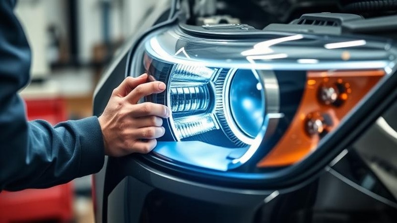 Mechanic inspecting a headlight