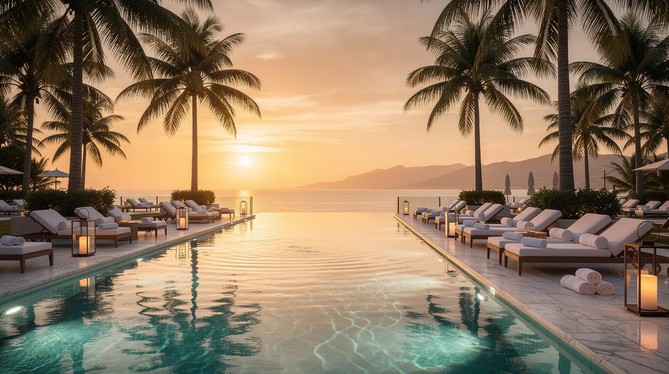 Ein luxuriöser Hotelpool, umgeben von üppigen Palmen und komfortablen Sonnenliegen, bietet einen atemberaubenden Blick auf den Sonnenuntergang. Dieser idyllische Ort ist perfekt für Reisende, die nach den besten Hotels und unglaublichen buchbaren Angeboten suchen.