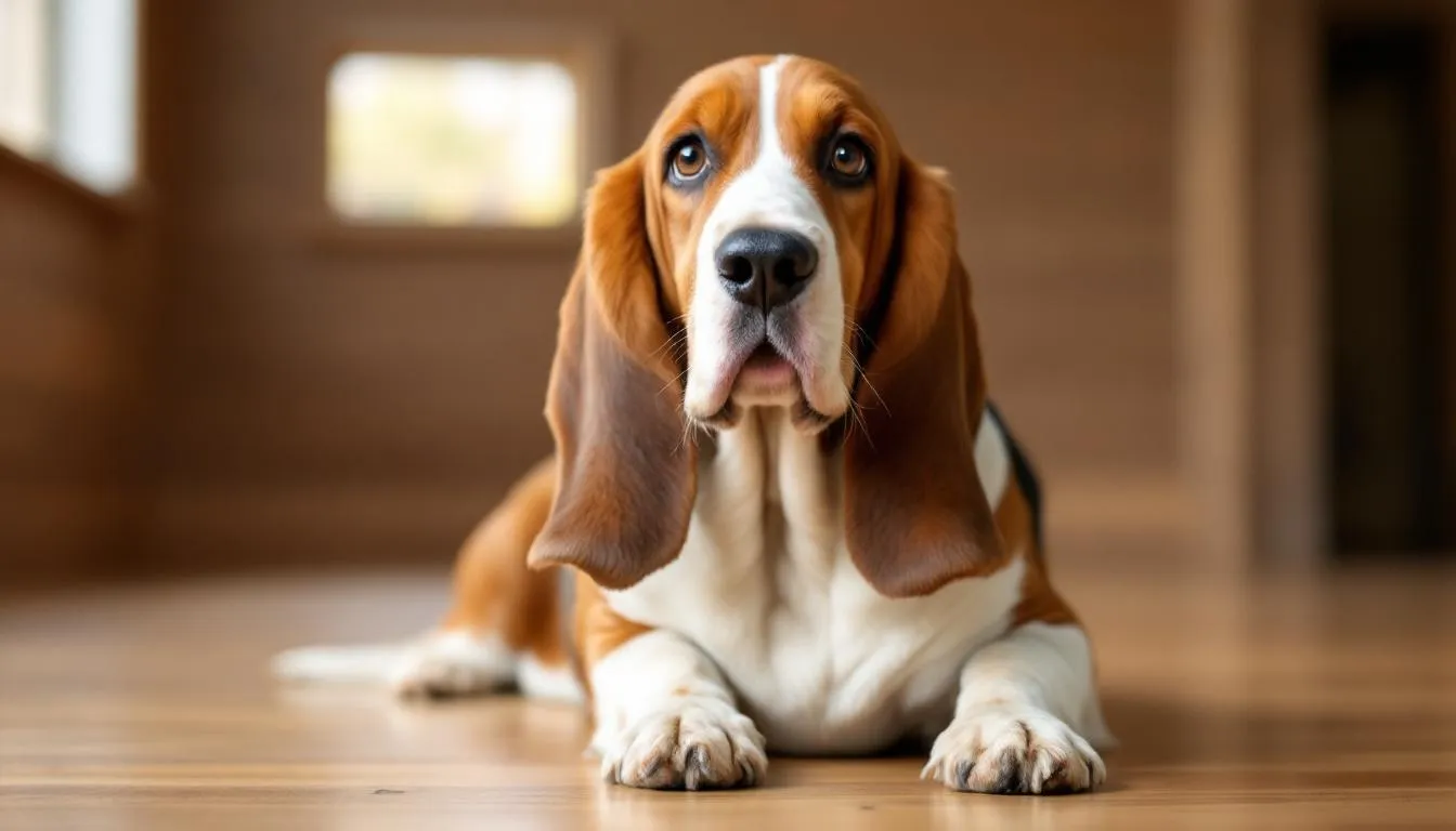 A relaxed Basset Hound is depicted with its naturally drooping ears in a neutral position, showcasing its calm demeanor and friendly body language. The dog's floppy ears and soft eyes convey a sense of ease and contentment.