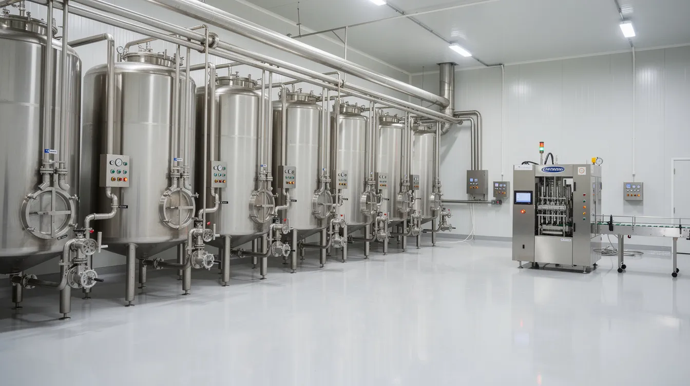35591c48 0b54 4180 ab13 81e47d9229e0 The image depicts an industrial uht milk processing plant featuring large stainless steel tanks and extensive pipework within a clean and organized factory environment, indicative of modern dairy processing operations. This facility is designed for efficient milk processing, contributing to the production of long shelf life milk products.
