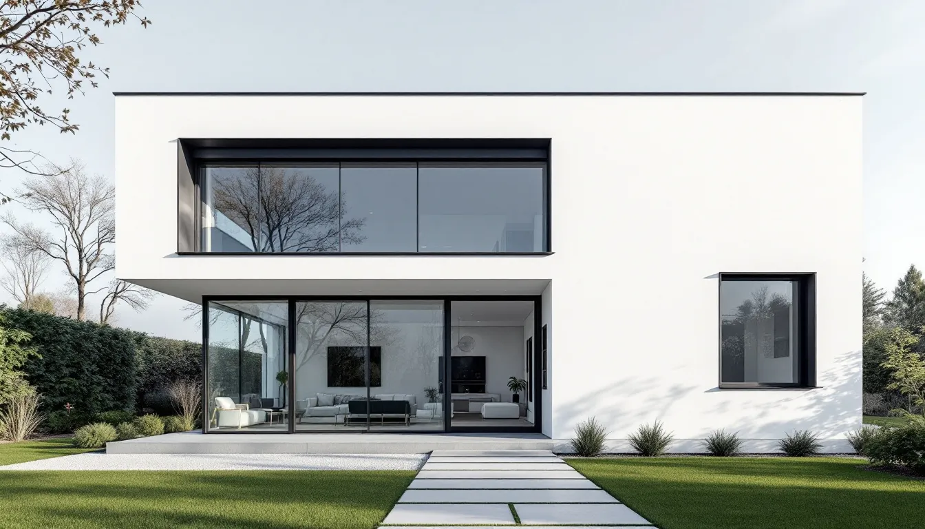Een modern huis met een witte gevel en antraciet kunststof kozijnen, die een chique en industriële uitstraling geven. De donkere kozijnen contrasteren mooi met de lichte muren, wat zorgt voor een harmonieuze en stijlvolle uitstraling.