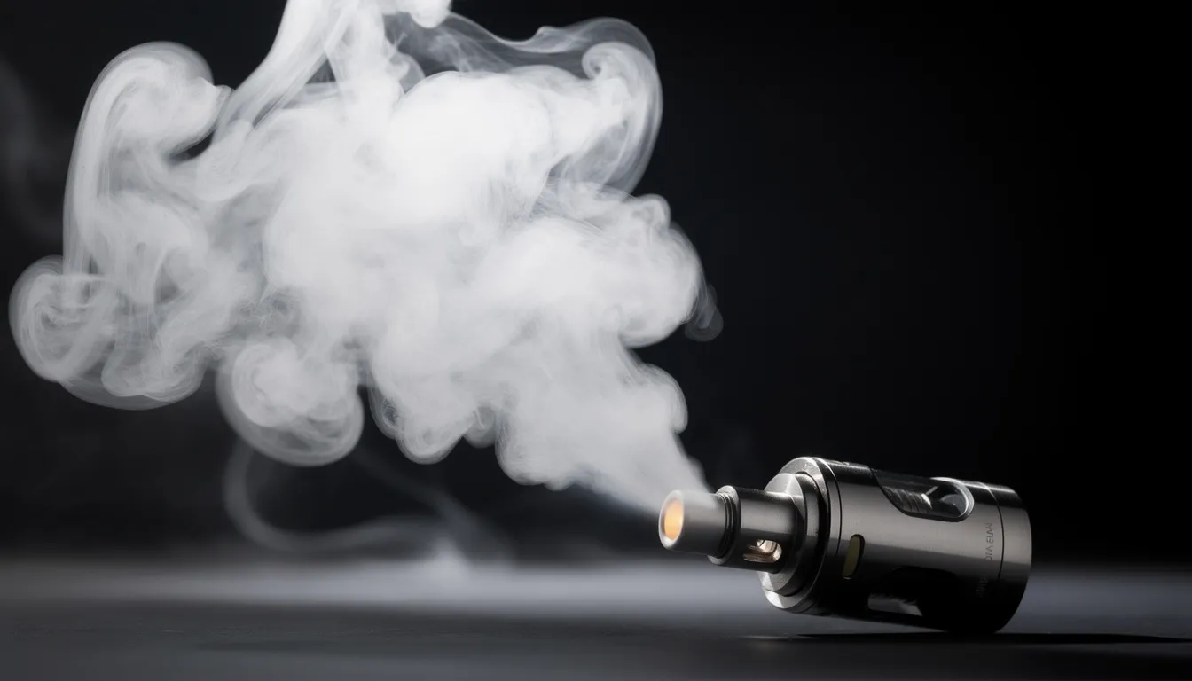 Die Dampfwolke schwebt vor einem dunklen Hintergrund und stammt von einem modernen Verdampfer, der für eine optimale Vaping-Erfahrung konzipiert ist. Der Verdampfer bietet Funktionen wie Temperaturkontrolle und eine leistungsstarke Heiztechnologie, die die Aromen von Kräutern und Extrakten perfekt zur Geltung bringt.