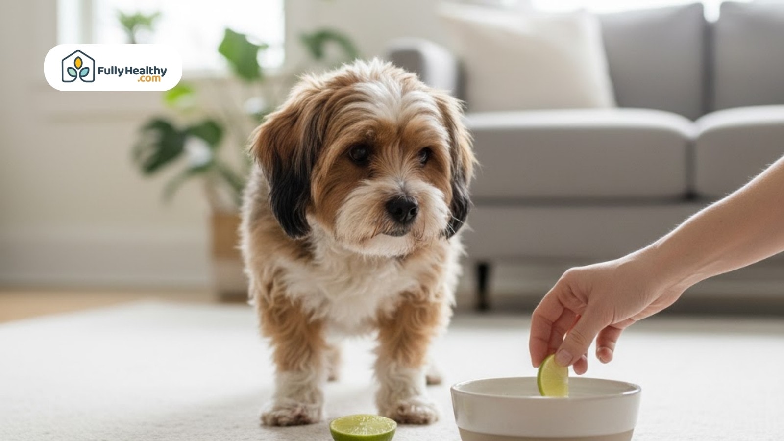 Small dog watches as lime is added to bowl in cozy living room