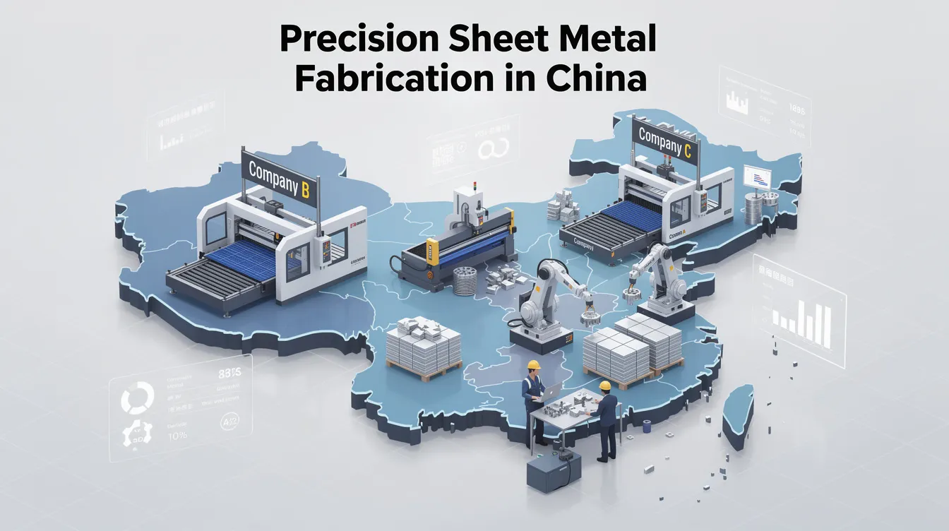 The image showcases a high-tech manufacturing facility specializing in precision sheet metal fabrication, featuring advanced machinery for laser cutting and CNC machining. Various custom sheet metal parts and components are displayed, highlighting the company's commitment to quality control and high precision in metal fabrication services.