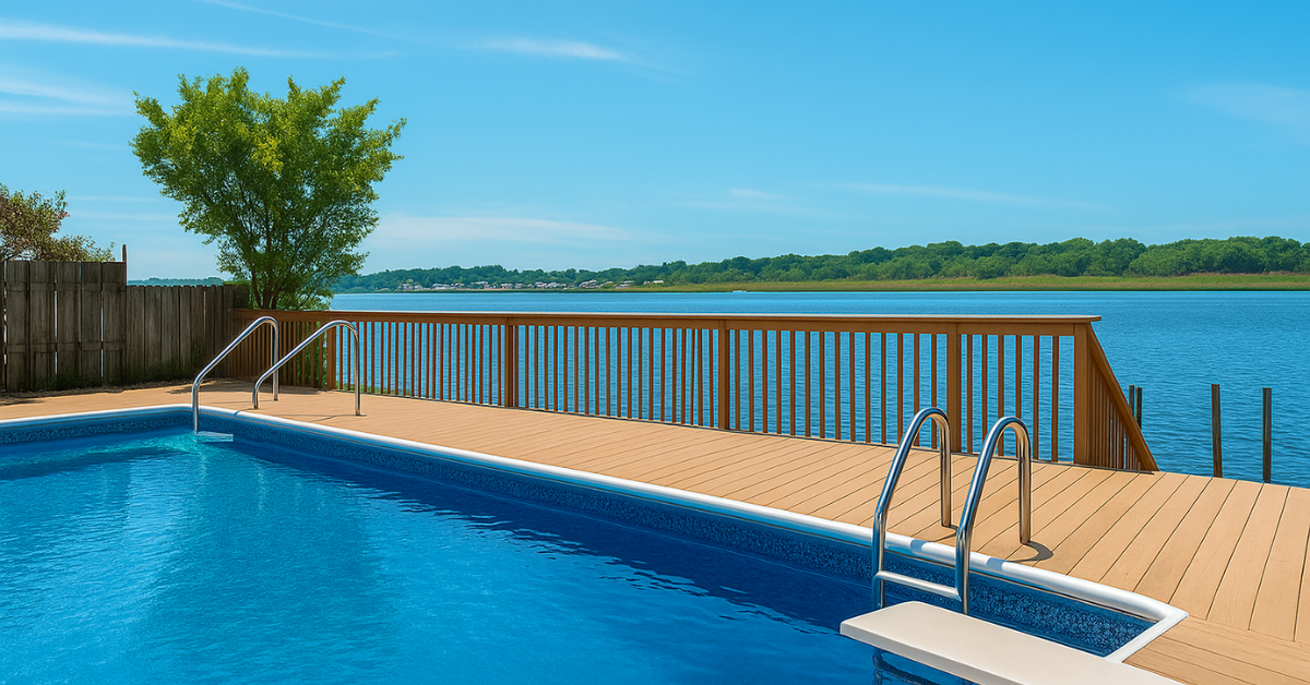 Beautiful backyard pool overlooking the bay in Brick, New Jersey — a waterfront vacation rental with private pool and stunning summer views.
