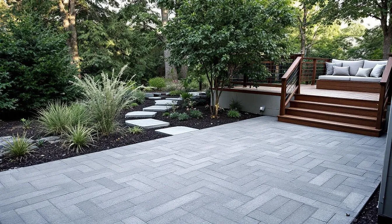 The image depicts an elegant outdoor patio setting featuring large granite pavers, seamlessly integrated into natural landscaping. The durable natural stone pavers create a sophisticated atmosphere, perfect for enhancing outdoor spaces.