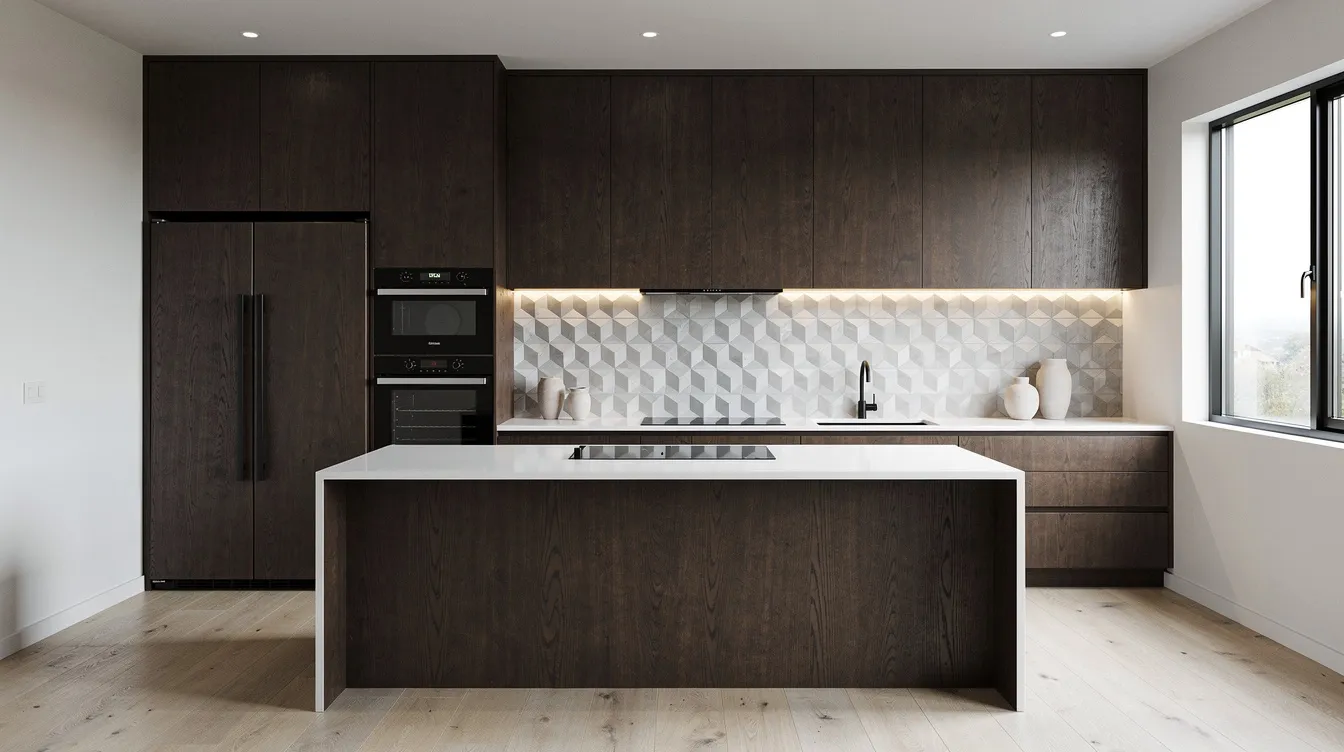 This image depicts a contemporary kitchen featuring dark timber cabinets, a structured tile backsplash, and seamlessly integrated modern appliances, creating a stylish and functional space ideal for a kitchen remodel. The design showcases custom cabinetry and an inviting atmosphere, perfect for anyone considering kitchen remodeling services.