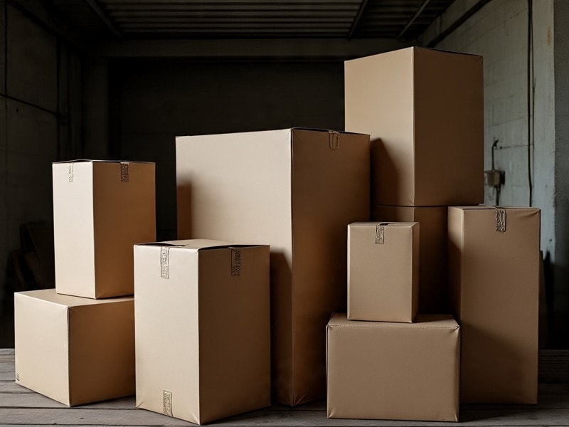 An image showing tall and compact cardboard boxes arranged in a warehouse setting. 