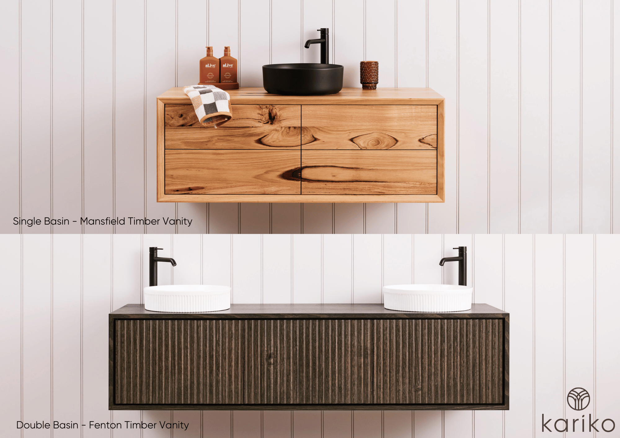 A comparison between a single basing and double basin timber vanity