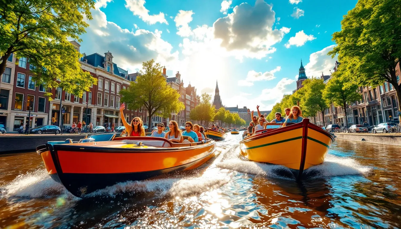 A view of water taxis navigating the canals of Amsterdam.