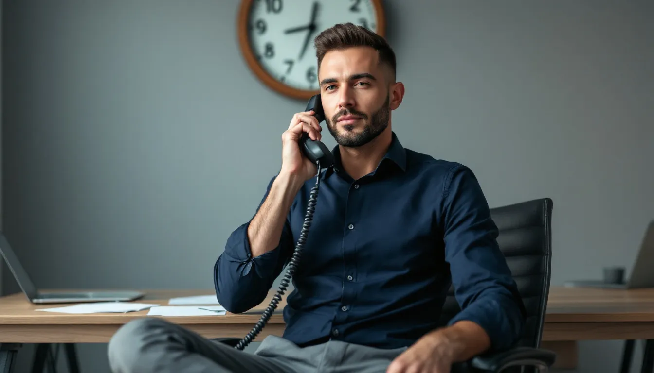 A person is making a phone call while checking the clock on the wall, possibly to reach Verizon customer service for assistance with their account or to inquire about service hours. The individual appears focused, indicating they might be preparing to discuss important details regarding their mobile plans or technical support.