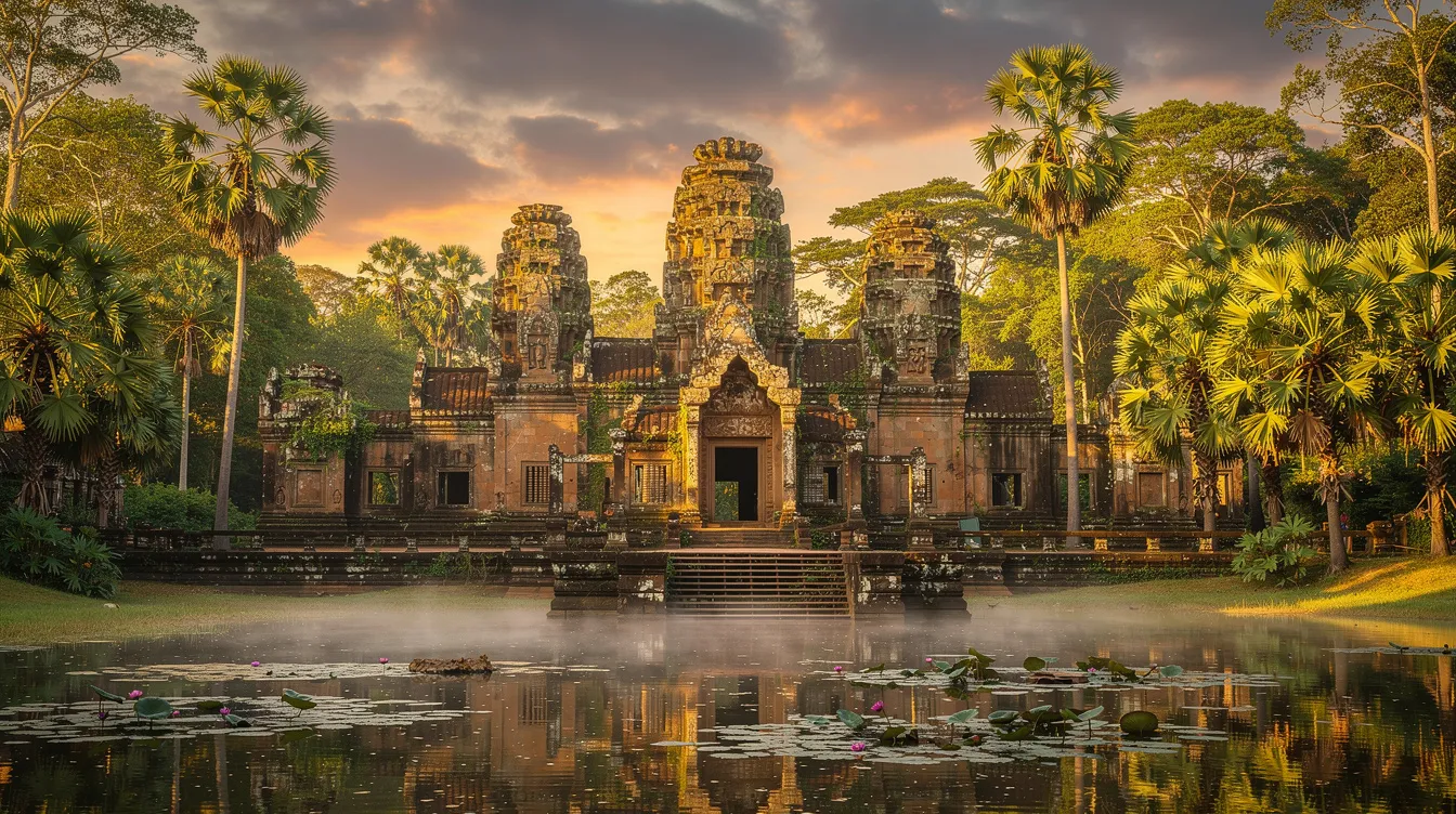 Uma vista deslumbrante do Camboja, com templos antigos cercados por vegetação exuberante e um céu azul claro ao fundo. Este destino fascinante, que faz parte do Sudeste Asiático, é conhecido por sua rica história e cultura vibrante.