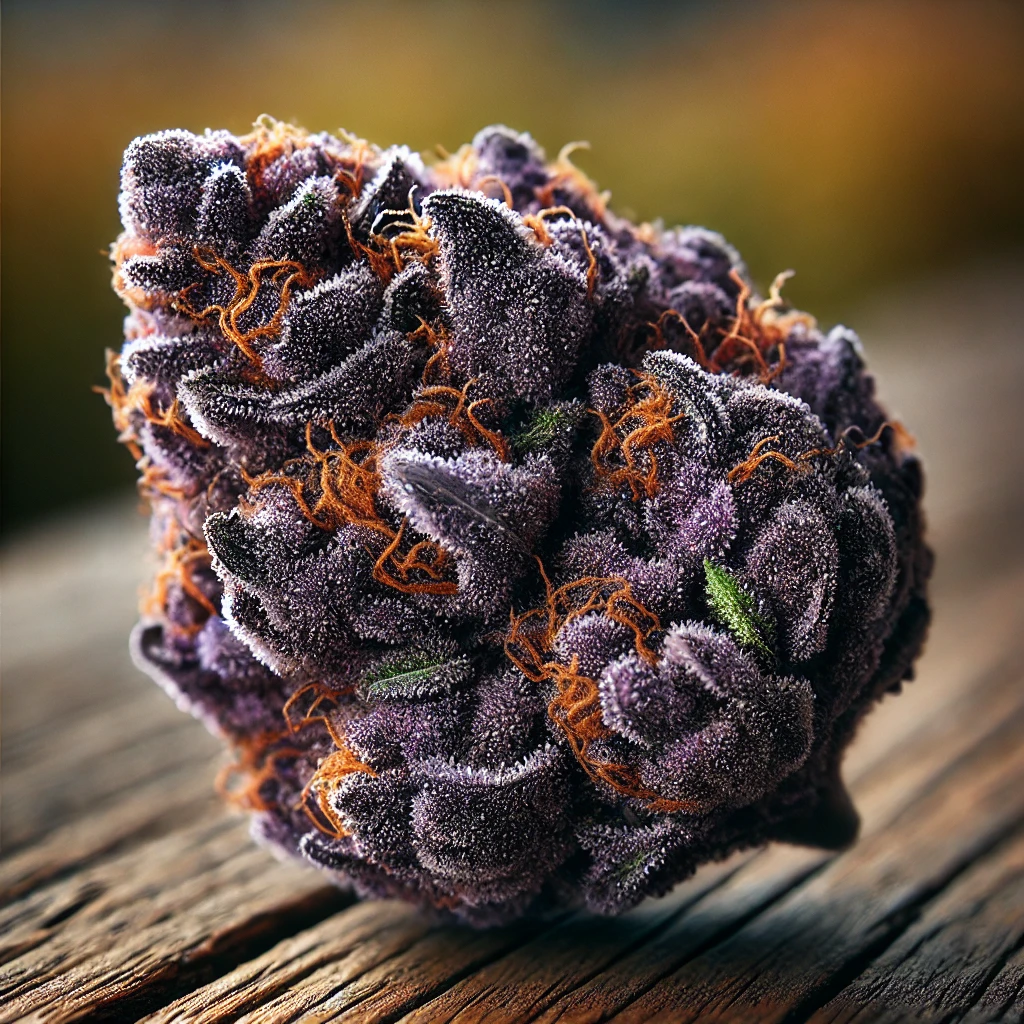 A comparison image of different purple cannabis strains, including Granddaddy Purple, Purple Kush, and Purple Haze, arranged side by side on a rustic wooden tray, displaying various purple shades and trichome coverage.