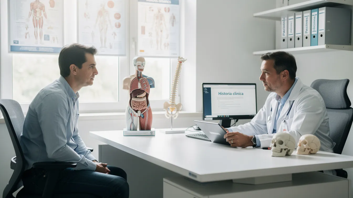 En la imagen se observa a un paciente conversando con un médico en un consultorio bien iluminado, donde hay modelos anatómicos sobre el escritorio. La charla parece centrarse en la cirugía para quitar las bolsas de los ojos, abordando temas como el exceso de grasa y el rejuvenecimiento de la piel alrededor de los ojos.