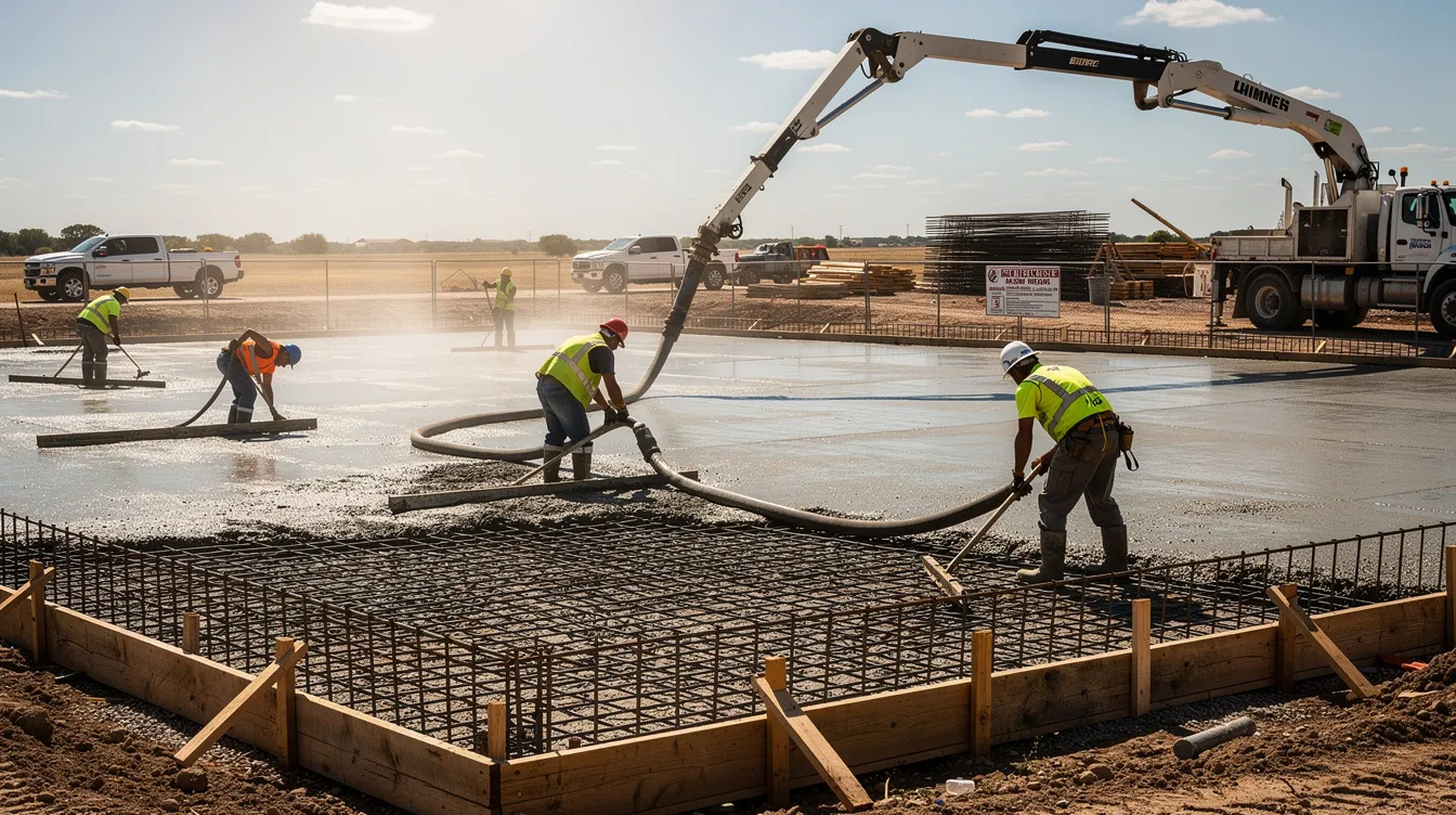 Construction workers are actively pouring concrete on a commercial building foundation at a jobsite in Central Texas, showcasing the ongoing commercial construction activity in the region. This scene reflects the trends in construction costs and labor availability, essential for accurate cost forecasting in complex projects.