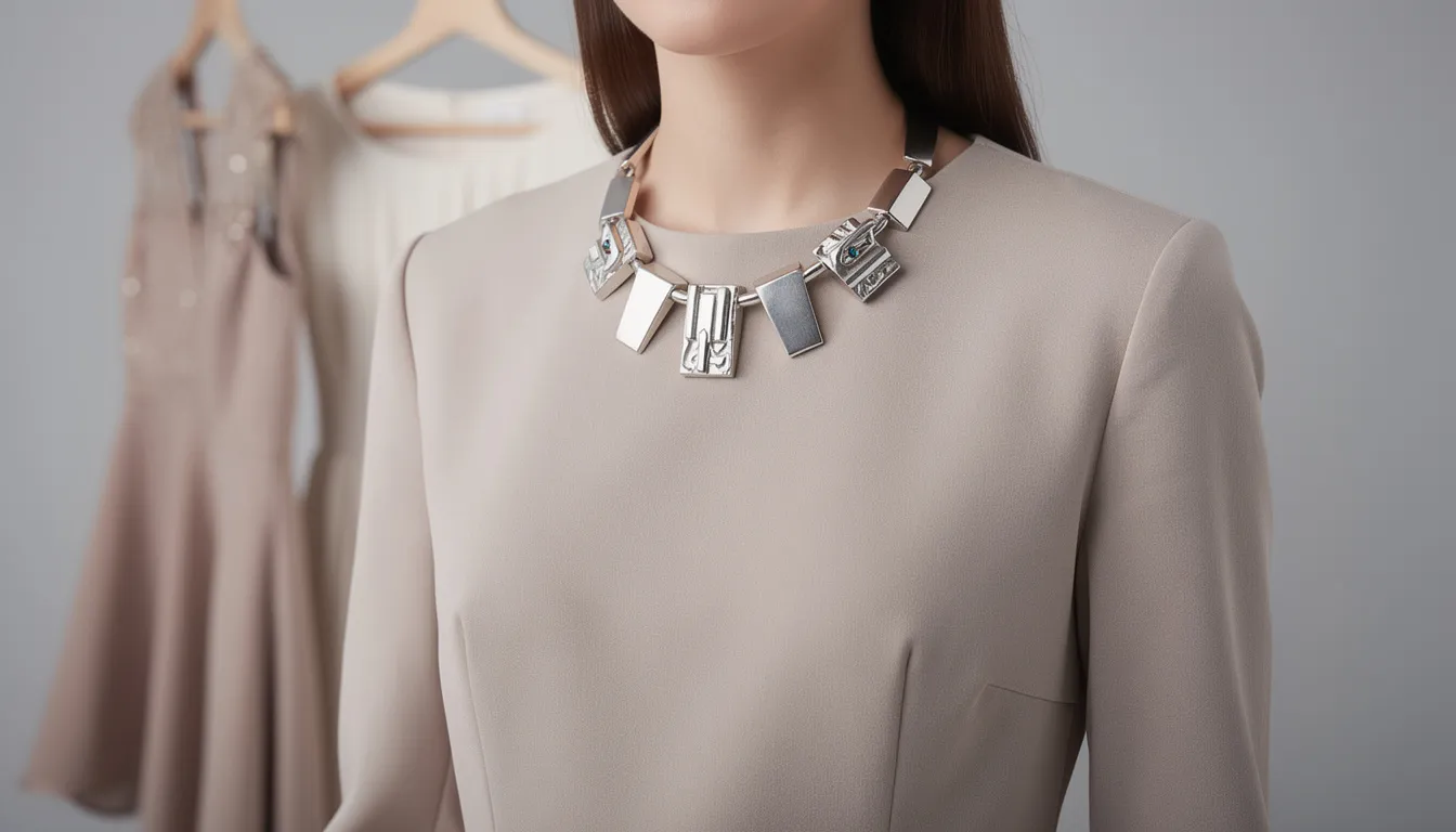 A striking silver statement necklace crafted from polished sterling silver showcases a contemporary design, featuring bold geometric shapes that sit elegantly around the collarbone. This versatile piece adds a touch of sophistication and drama to any outfit, making it perfect for various occasions.