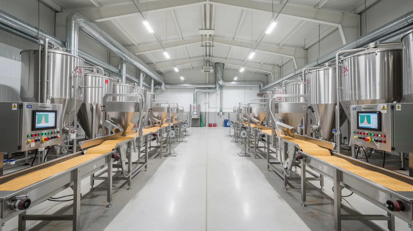 The image depicts the interior of a modern grain processing factory, showcasing stainless steel machinery, conveyor belts, and control panels in a clean industrial environment. This facility is designed for pulse processing, highlighting the advanced technology used to ensure quality control systems and maintain operational flexibility in the production of nutritious food products.