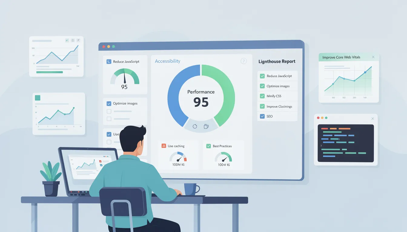 The image illustrates a web developer using Chrome DevTools to run Lighthouse tests, generating a report that provides insights into website performance. The Lighthouse report highlights performance metrics, accessibility, and SEO indicators, helping developers optimize their web apps for better user experience and faster page load times.