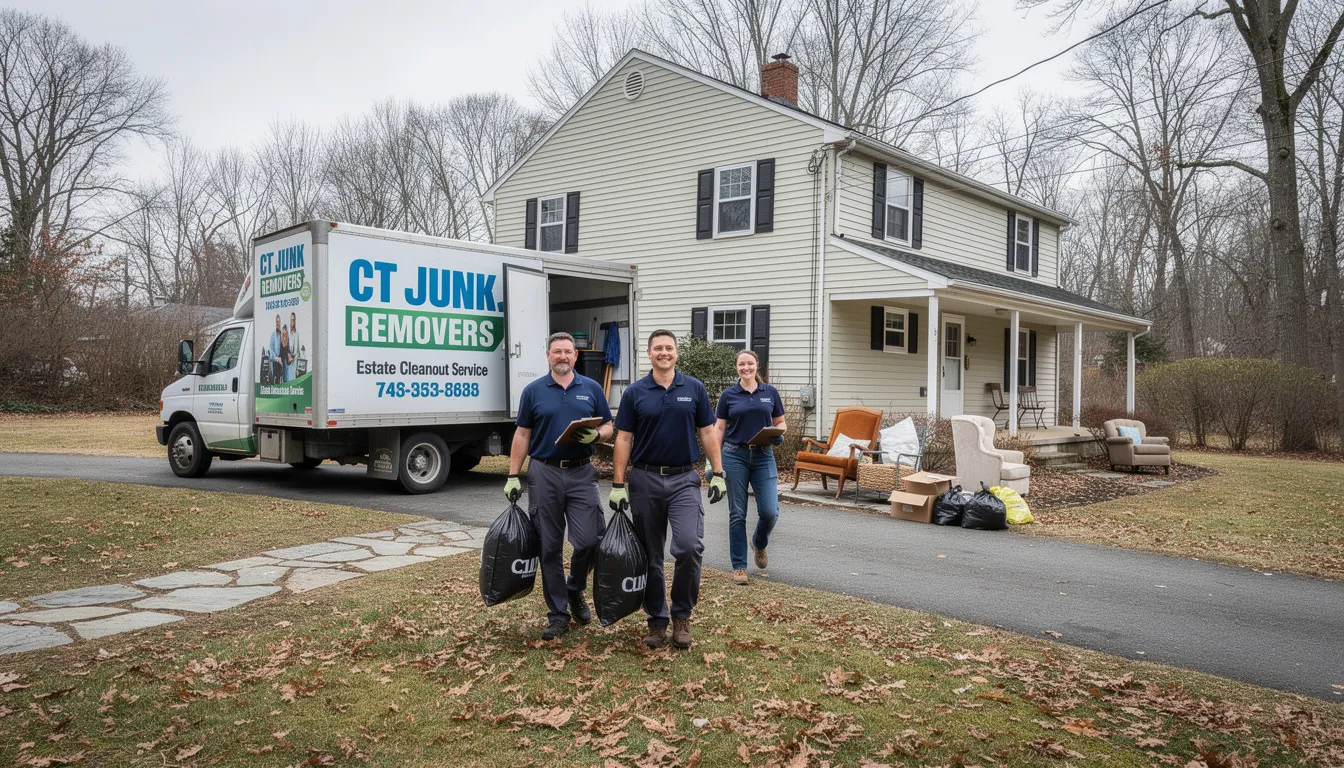 A TWO MEN AND A JUNK TRUCK® truck is parked outside a Connecticut property, with uniformed team members preparing for an estate cleanout service. They are ready to assist with the removal of unwanted items, ensuring a stress-free experience for family members dealing with emotional challenges.