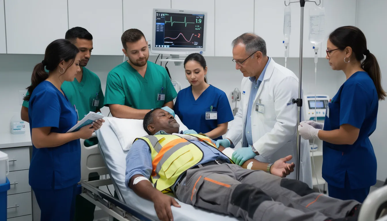 The image depicts medical staff providing treatment to an injured worker in a hospital setting, emphasizing the importance of medical care for workplace injuries. This scene highlights the dedication of healthcare professionals in assisting injured workers while navigating workers compensation claims and ensuring they receive the necessary medical benefits.