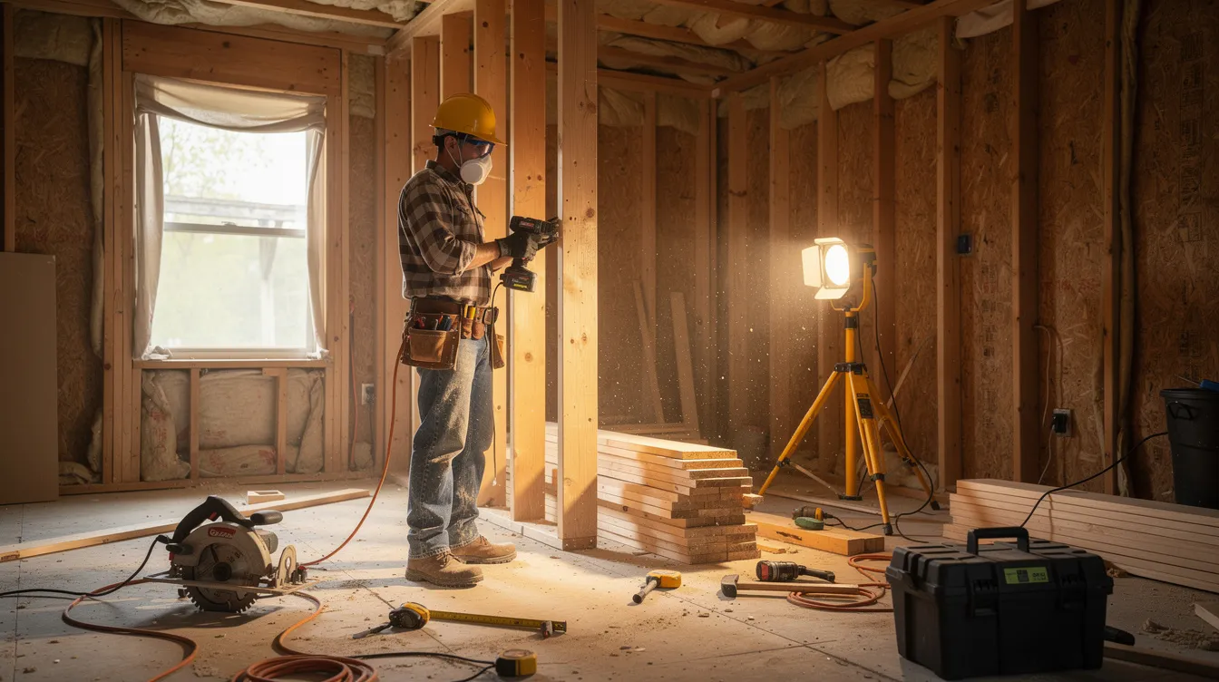 A construction worker is actively renovating the interior of a house, surrounded by exposed framing and various tools. This scene highlights the ongoing fix and flip project, essential for real estate investors looking to improve investment properties.