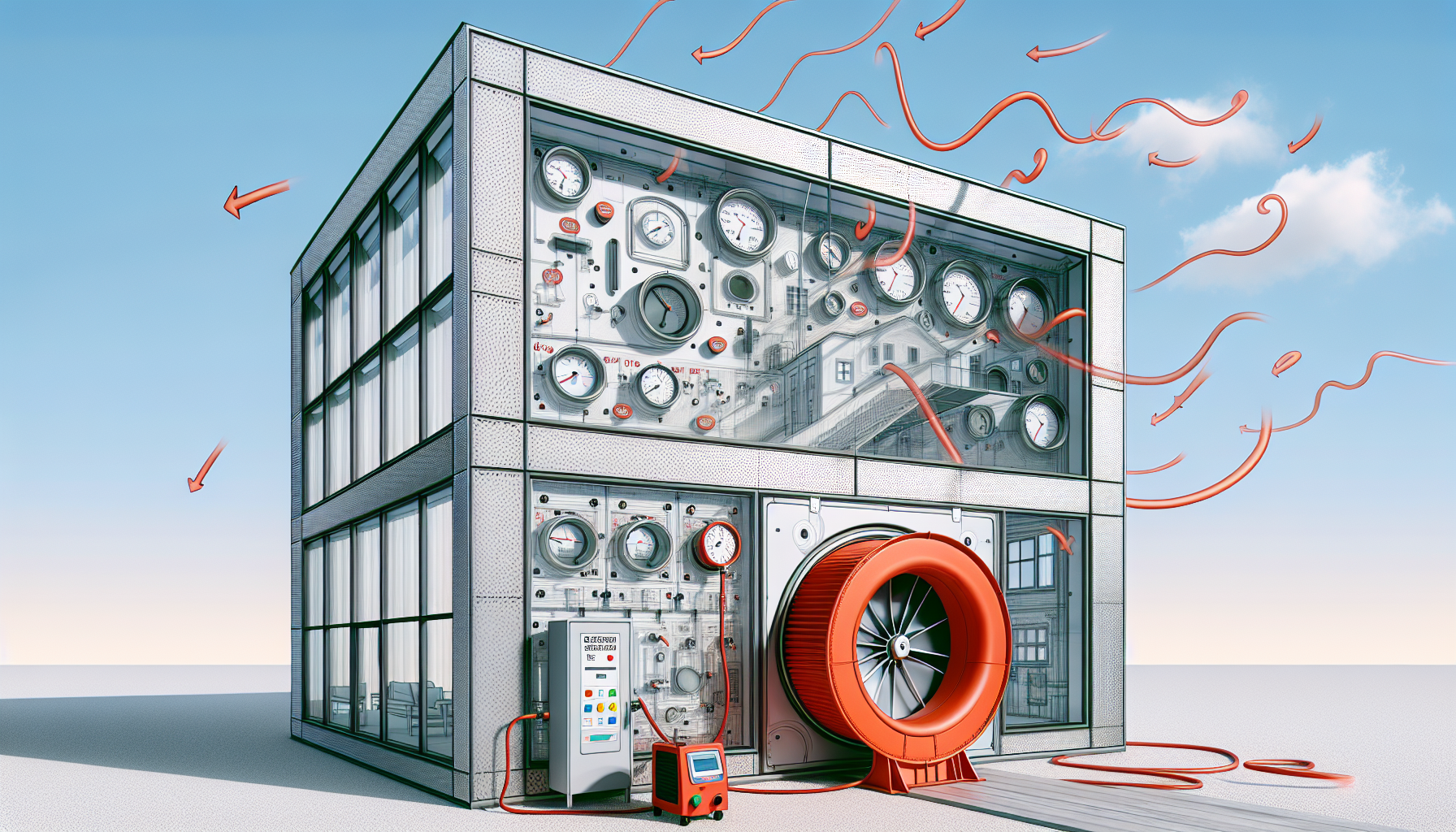 Illustration of a building with air leakage test equipment