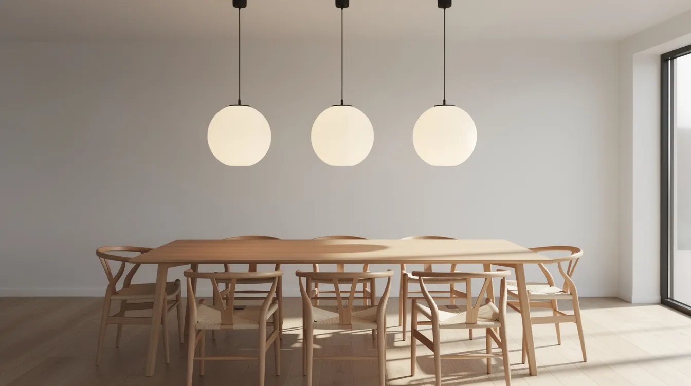 Tre sfäriska pendellampor i opalvitt glas hänger elegant ovanför ett matbord i trä, vilket skapar en modern och stilren atmosfär i rummet. Lamporna ger ett mjukt ljus som passar perfekt för att lysa upp middagar och sociala tillfällen.