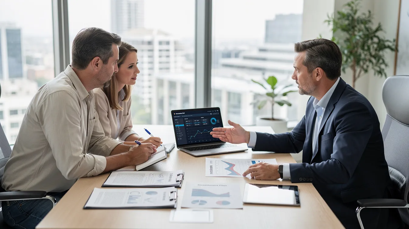 A professional financial advisor is seated at a modern office table, discussing retirement planning with a couple. They are reviewing various annuity products, including fixed and variable annuities, to help the couple navigate their retirement challenges and investment options for guaranteed income and predictable growth.