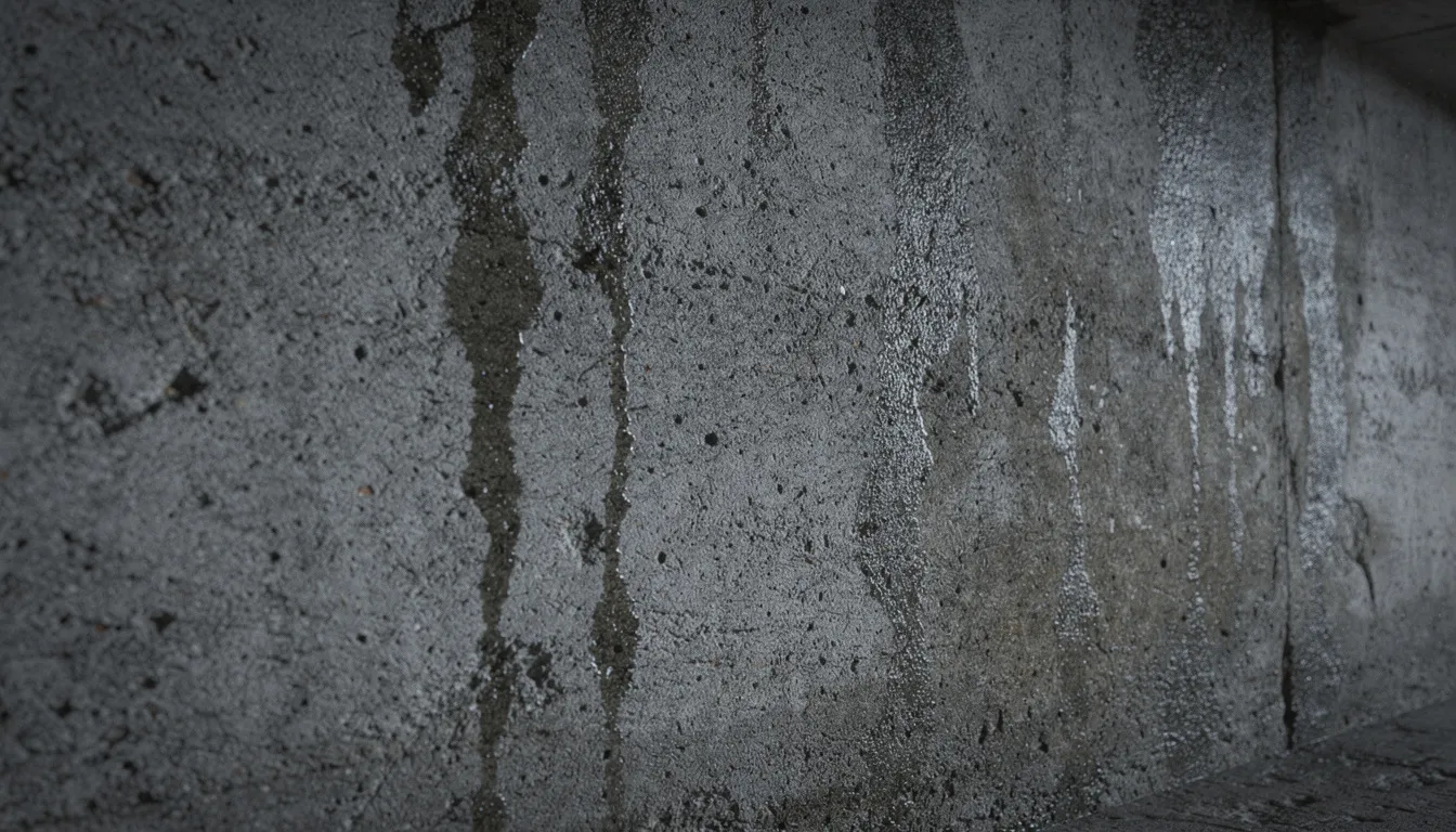 The image shows a close-up view of a damp concrete basement wall, highlighting visible moisture and water stains that indicate water intrusion. This condition suggests the need for basement waterproofing solutions to protect the home's foundation from further water damage.