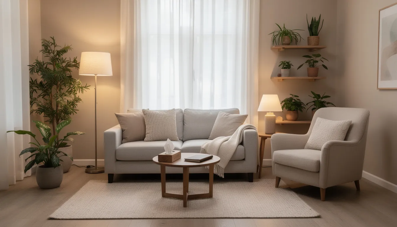 The image depicts a calm therapy office featuring comfortable seating, soft lighting, and lush plants that contribute to a peaceful atmosphere, ideal for addressing mental health challenges. This safe and supportive environment encourages individuals to engage in healthier coping strategies and express their true feelings without the need for masking behaviors.