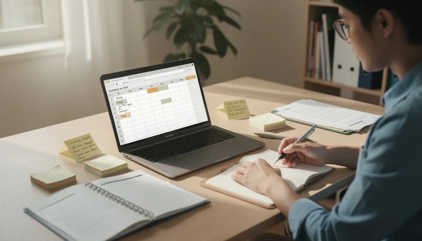 A professional sits at a desk, surrounded by notes and a laptop, actively planning targeted content marketing campaigns to enhance sales and marketing alignment. This scene reflects the strategic efforts of marketing teams to improve the sales process and drive business growth through well-structured content strategies.