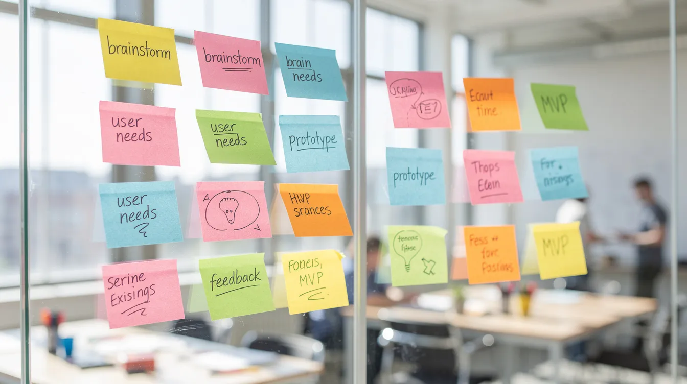 Une image montre des notes autocollantes avec des idées manuscrites, organisées sur un mur en verre dans une salle de workshop lumineuse. Cet espace de travail favorise la réflexion sur la mission et la vision de l'entreprise, ainsi que sur les objectifs et valeurs qui guident son développement.