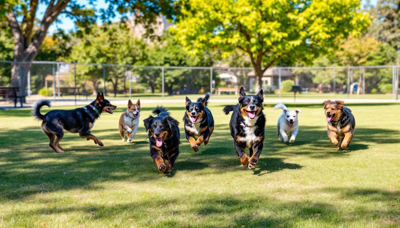 In a spacious outdoor dog park, multiple dogs are joyfully playing together in a well-ventilated area, showcasing their healthy and active nature. The scene highlights the importance of socialization in canine environments, while also reminding pet owners about the potential risks of kennel cough and other infectious respiratory diseases that can affect dogs in such communal settings.