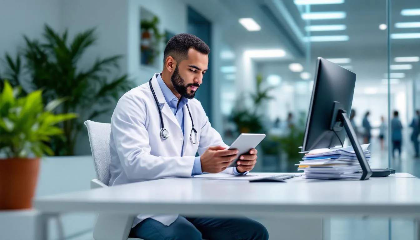 En la imagen se observa a un profesional médico utilizando una tablet en una clínica moderna, rodeado de un ambiente limpio y bien iluminado. Este espacio está diseñado para la atención de pacientes en medicina estética, destacando la importancia de la tecnología y el software para clínicas en la gestión eficiente de servicios y citas.