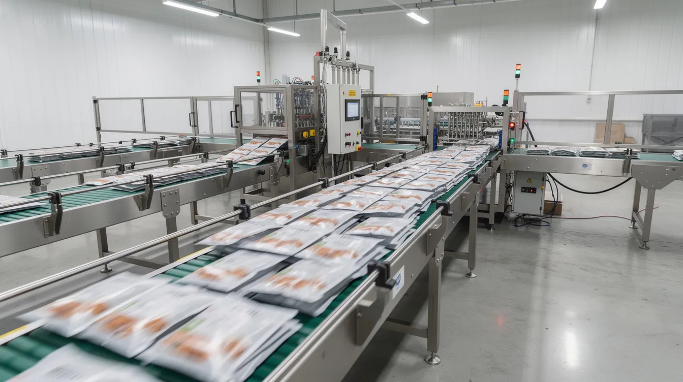 35762672 e726 43e2 98aa eb5f2dcdd063 The image shows an automated packaging line with pouches of poha moving smoothly along a conveyor belt, showcasing the efficiency of the poha processing machine. This setup highlights the advanced technology used in the mini poha plant, emphasizing its industrial capacity and automation grade.