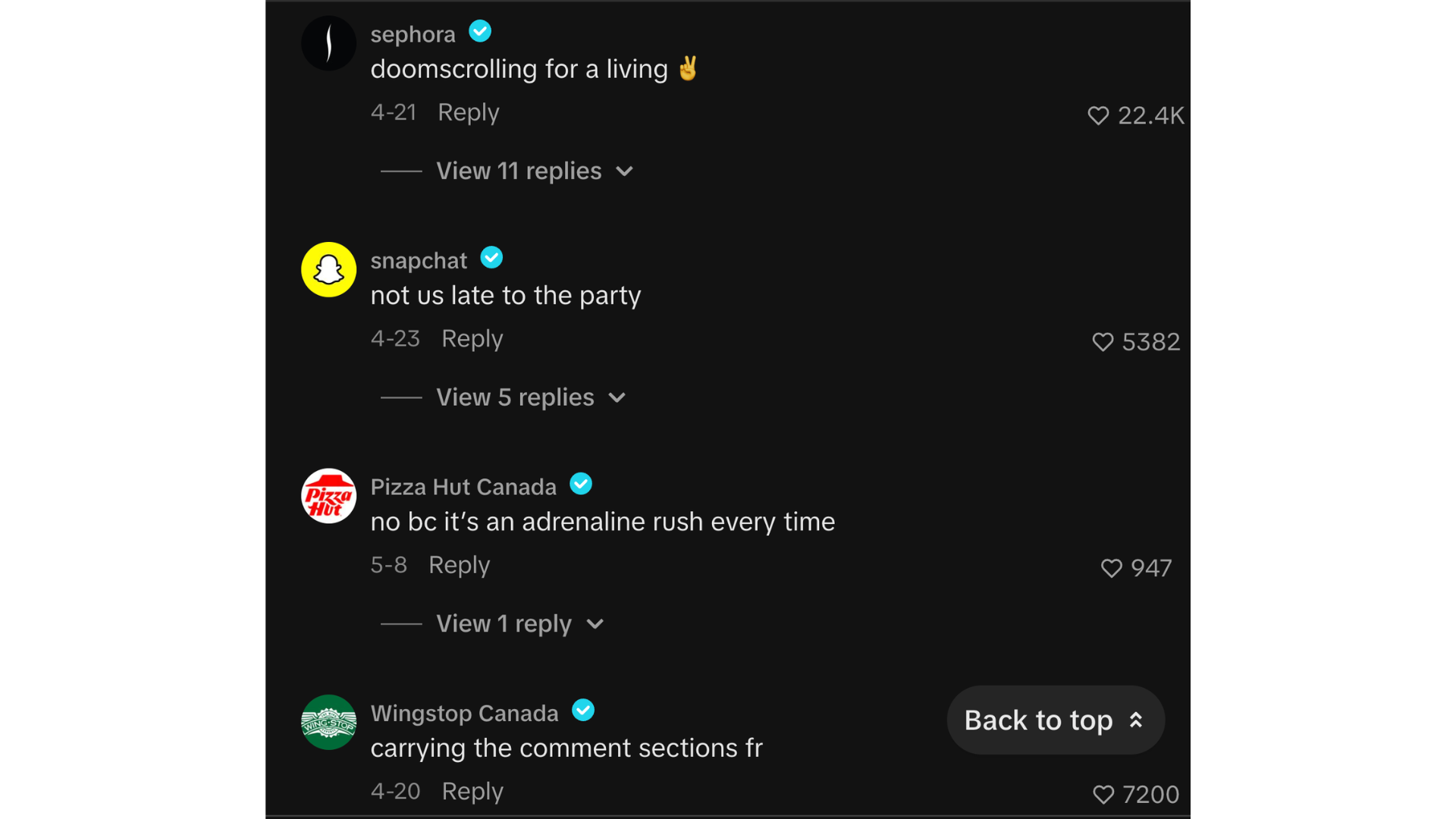 TikTok comment section with Pizza Hut, Snapchat, Sephora and Wingstop