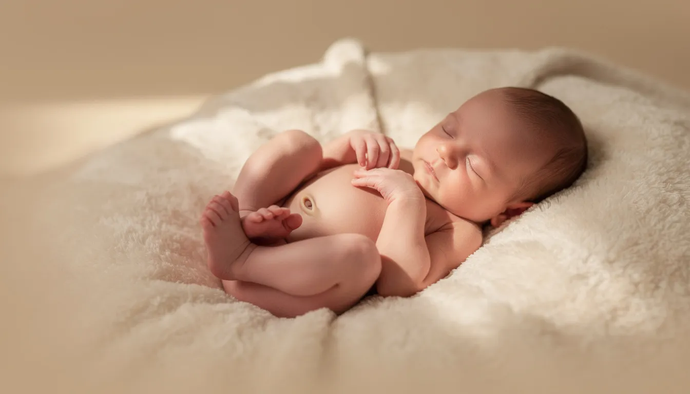 Noworodek leży na plecach z zgiętymi rączkami i nóżkami blisko ciała, co jest naturalnym ułożeniem w pierwszych dniach życia, ważnym dla prawidłowego rozwoju dziecka. Warto pamiętać, że odpowiednie ułożenie maluszka może mieć ogromne znaczenie dla jego przyszłego rozwoju ruchowego.