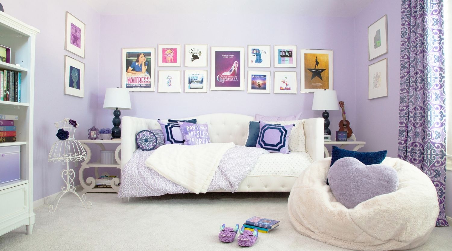 cosy teenage girl purple bedroom with musical theatre theme