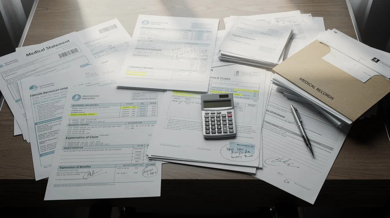 The image shows a cluttered desk covered with various medical bills and paperwork related to a car accident claim. The documents include medical records detailing medical expenses, treatment costs, and information pertinent to the settlement process with the insurance company.
